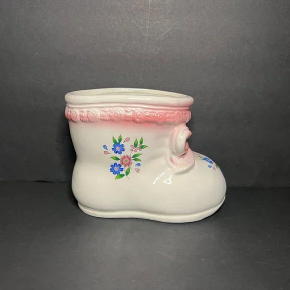 Vintage R.B.C. Ceramic Pink White & Blue Floral Boot Flowerpot Planter 4.25" - Picture 2 of 9